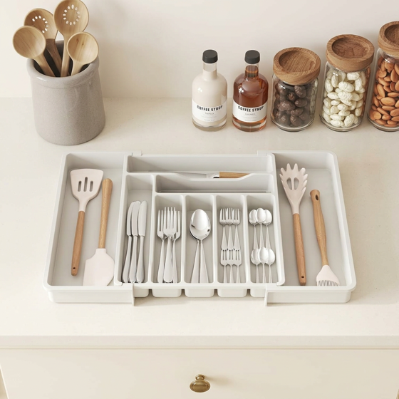 Norcho Expandable Utensil Organizer Drawer, Adjustable Cooking Silverware Tray, Plastic Spatula Tools Divider 13-22.4"x15" White