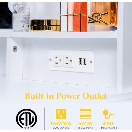 Norcho Vanity with Mirror and Light, 2 Power Outlets & 2 USB Ports, Adjustable Color & Brightness, Makeup Desk with 4 Drawers and Stool for Bedroom, Bathroom & Makeup Room