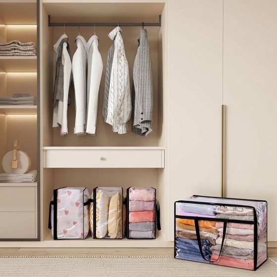 Norcho Clear Clothes Storage Bags, 4 Pack 60L Vinyl Blanket Storage Containers with Zipper, Foldable Closet Organizer for Bedding, Duvet, Comforter
