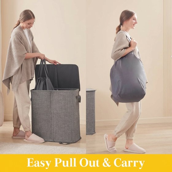 Norcho Double Laundry Hamper with Lid and Removable Bags, Large Collapsible 2-Divider Laundry Basket with Handles, 136L, Gray