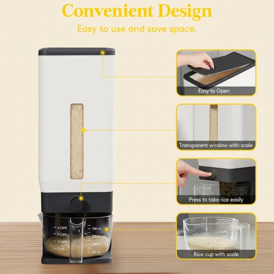 Norcho Rice Dispenser, 25 lb (11.3 kg) Sealed Rice Storage Container with Measuring Cup, Moisture Proof, Kitchen Pantry, Black