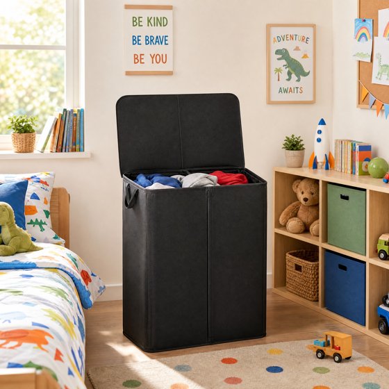 Norcho 160L Double Laundry Hamper with Lid, Divided Laundry Basket with Removable Bags and Handles, Large Separated Clothes Basket, Black