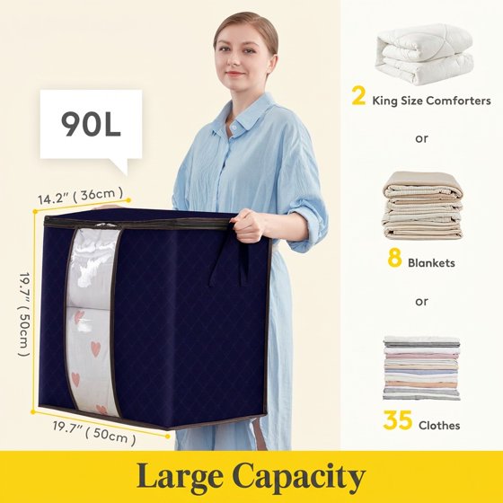 Norcho 90L Clothes Storage Bag with Reinforced Handle, Sturdy Zipper Clear Window, Foldable for Comforters Blankets, 6 Pack Blue