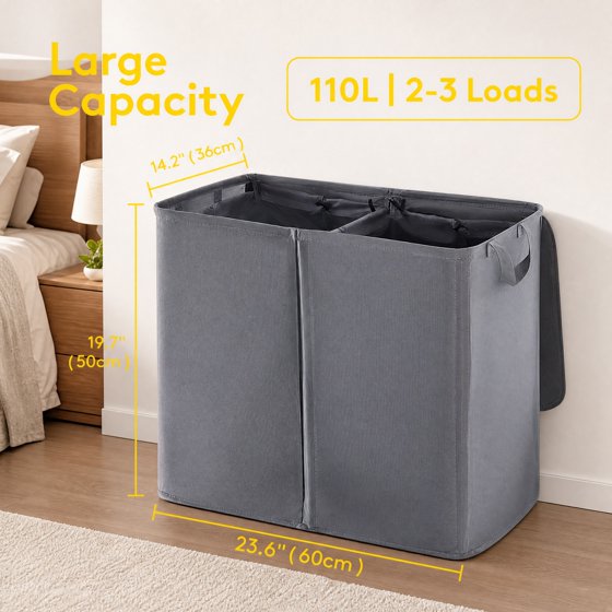 Norcho Double Laundry Hamper with Lid, Divided Laundry Basket with Removable Bags and Handles, Large Separated Clothes Basket, Gray