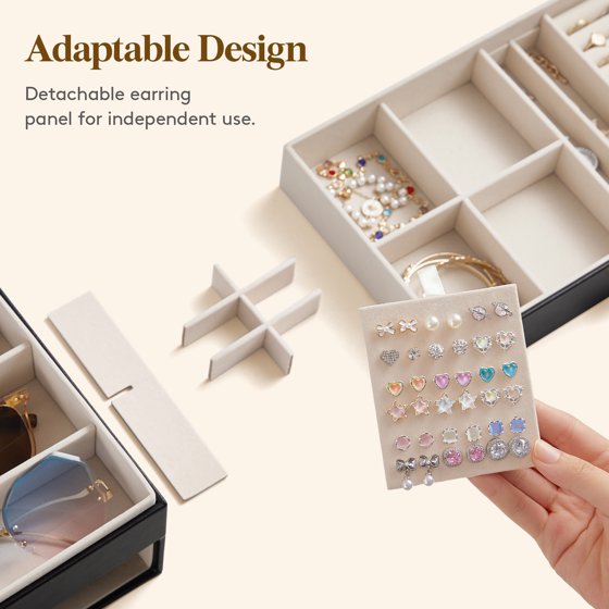 2-Layer Jewelry Box with 6 Slot Sunglasses Organizer, Storage for Bracelet Necklace Rings, Eyeglasses Display Case, Mother’s Day Gift Idea