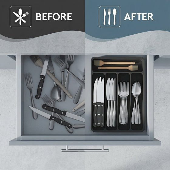 Norcho Silverware Drawer Organizer Tray, Plastic Cutlery and Utensil Holder Divider for Spoons, Forks, Knives and Tableware, 5 Slots, 9.1 x 12.6 Inch, Black