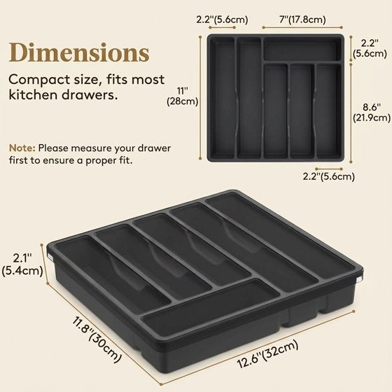 Norcho Silverware Organizer with Lid, Covered Utensil Tray for Kitchen Drawer and Countertop, 12.6 x 11.8", Plastic Cutlery and Flatware Holder, Black