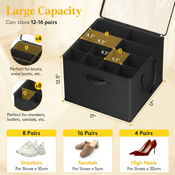 Norcho Shoe Storage Organizer for Closet, Large Fabric Box with Clear Cover, Foldable, Fits 12-16 Pairs Boots/Heels/Sneakers, 1 Pack Black