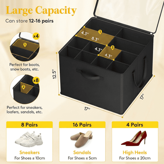 Norcho Closet Shoe Storage, 3 Large Fabric Boxes with Clear Covers, Foldable, Fits 36-48 Pairs (12-16 Each) Boots/Heels/Sneakers, Black