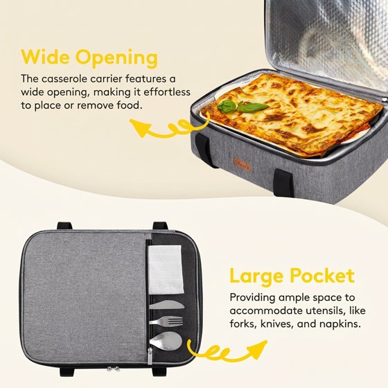 Norcho Insulated Single Decker Casserole Carrier, Lasagna Tote Bag for Hot or Cold Food, Fits 9" x 13" Baking Dish, Gray