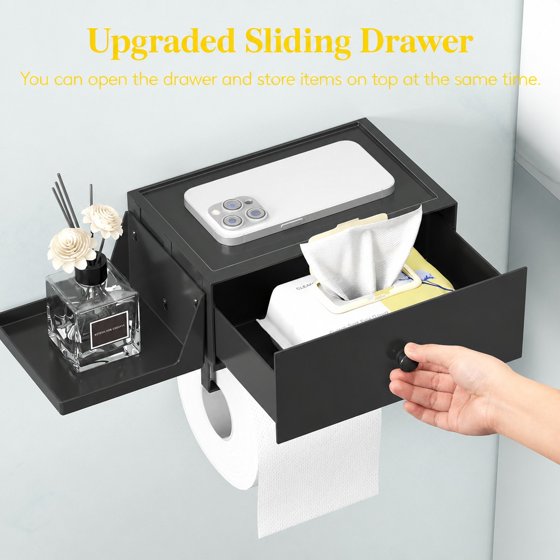 Norcho Toilet Paper Holder with Shelf and Drawer, Wall Mounted Tissue Roll Storage with Adhesive or Screw Installation, Dustproof Bathroom Wipes Dispenser Organizer