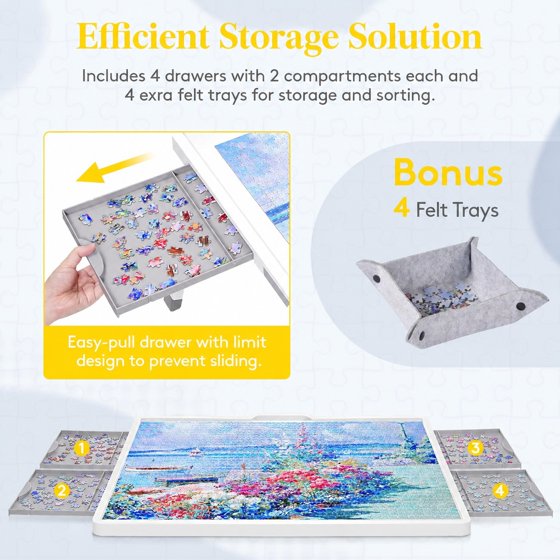 Norcho 1500 Pieces 2-in-1 Rotating & Tilting Puzzle Board with Divided Drawers, Felt Mat, Protective Cover, Portable Jigsaw Puzzle Table with Handle, 4 Extra Felt Trays, 35" x 27", White