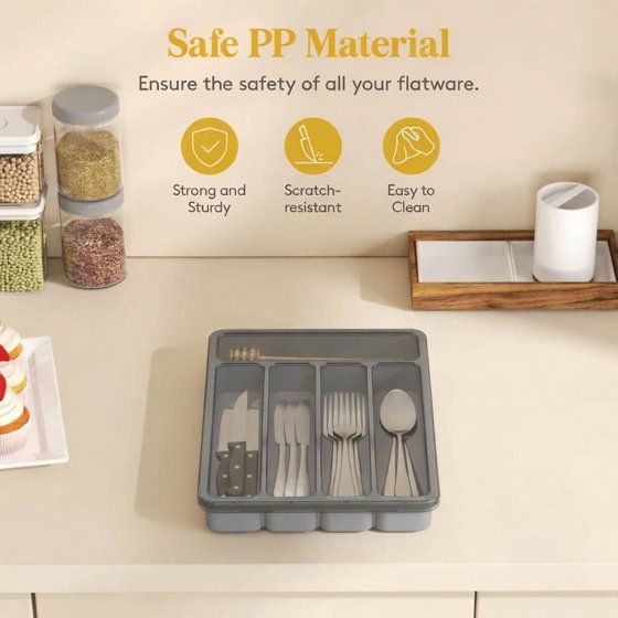Norcho Silverware Organizer with Lid, Covered Utensil Tray for Kitchen Drawer and Countertop, Plastic Cutlery and Flatware Holder, Gray