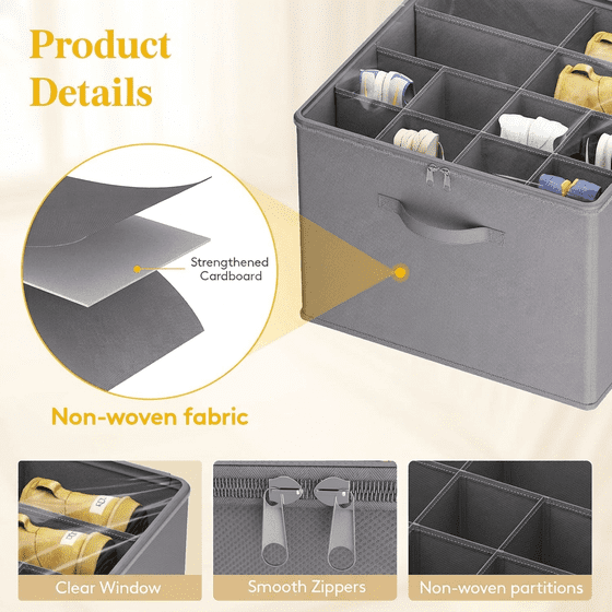 Norcho Closet Shoe Storage, 3 Large Fabric Boxes with Clear Covers, Foldable, Fits 36-48 Pairs (12-16 Each) Boots/Heels/Sneakers, Gray