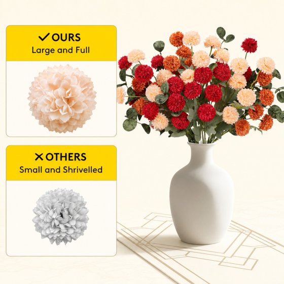 Norcho Mixed Orange Artificial Flower for Vase, 10 Pcs Faux Silk Mum Balls + 2 Eucalyptus Stems, Fake Small Kiku for Floral Arrangement, Pom Pom Centerpiece