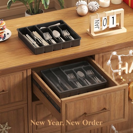 Norcho Silverware Organizer with Lid, Covered Utensil Tray for Kitchen Drawer and Countertop, 12.6 x 11.8", Plastic Cutlery and Flatware Holder, Black