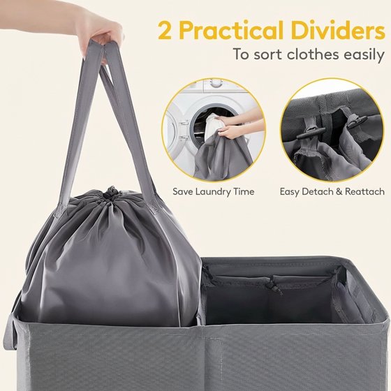 Norcho Double Laundry Hamper with Lid, Divided Laundry Basket with Removable Bags and Handles, Large Separated Clothes Basket, Gray