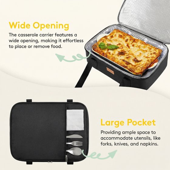 Norcho Insulated Double Decker Casserole Carrier, Lasagna Tote Bag for Hot or Cold Food, Fits 9" x 13" Baking Dish, Black