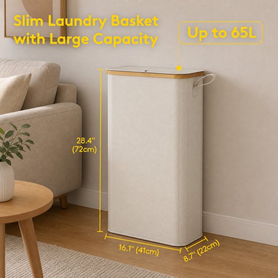 Norcho 65L Slim Laundry Hamper with Lid, Narrow Collapsible Laundry Basket with Removable Bag and Bamboo Handles, White