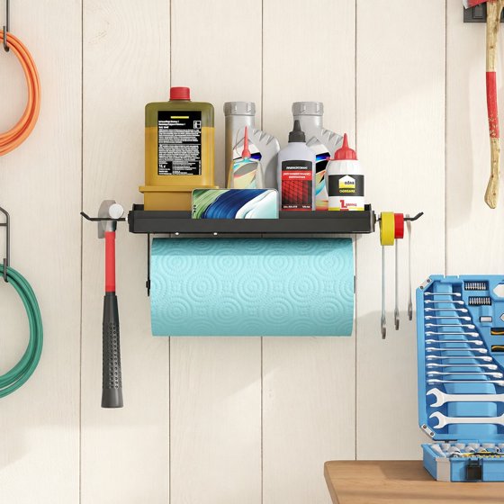 Norcho Garage Paper Towel Holder with Shelf, Wall Mount Shop Towel Holder Rack with 4 Hooks and Phone Stand, Adhesive or Screw Mount for Clean Station, Craft Room, Workshop