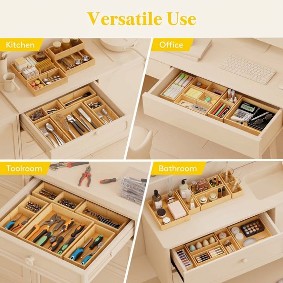 Norcho Adjustable Bamboo Drawer Organizers with 12 Inserts, Stackable Storage Boxes, 10-Pack for Kitchen, Bathroom, Office, Vanity