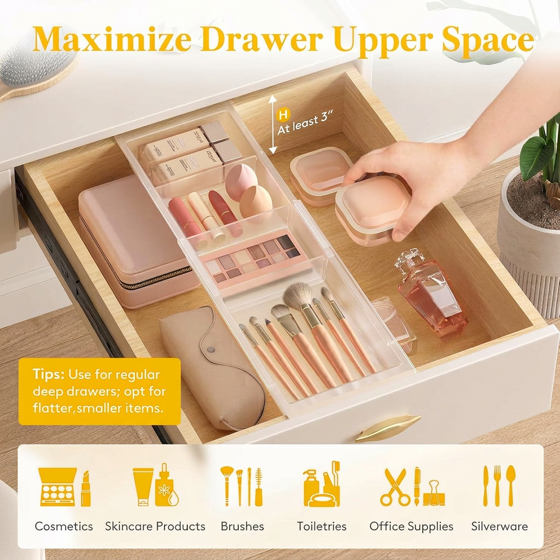 Norcho Sliding Makeup Drawer Organizer, Fits 13-20" Deep, Extendable Hanging Divider 1.8" High Tray Vanity Office Kitchen Translucent 2Pcs