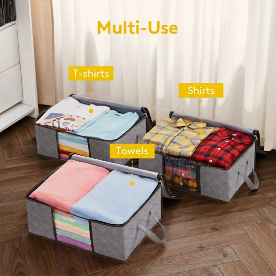 Norcho 6 Pack Clothes Storage Bag Foldable Bin with Reinforced Handle, Clear Window, Sturdy Fabric for Clothing Bedding, Light Gray