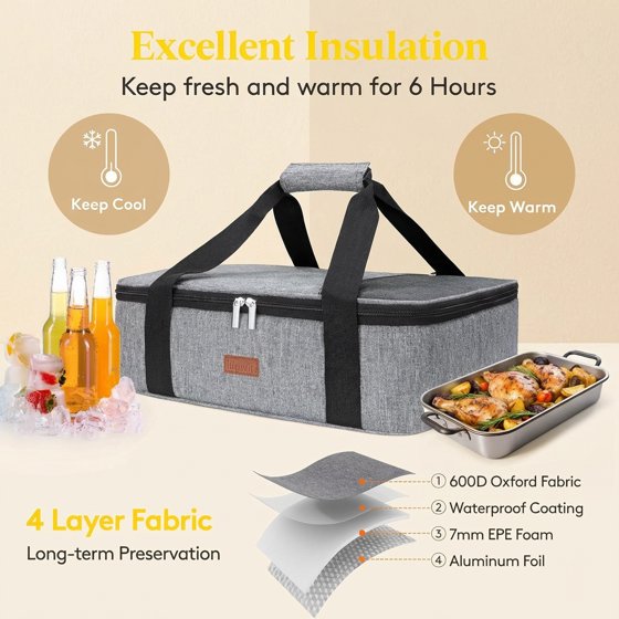 Norcho Insulated Single Decker Casserole Carrier, Lasagna Tote Bag for Hot or Cold Food, Fits 9" x 13" Baking Dish, Gray
