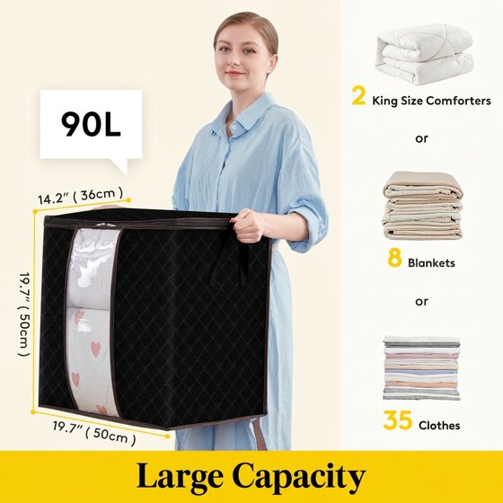 Norcho 90L Clothes Storage Bag with Reinforced Handle, Sturdy Zipper Clear Window, Foldable for Comforters Blankets, 3 Pack Black