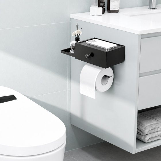 Norcho Toilet Paper Holder with Shelf and Drawer, Wall Mounted Tissue Roll Storage with Adhesive or Screw Installation, Dustproof Bathroom Wipes Dispenser Organizer