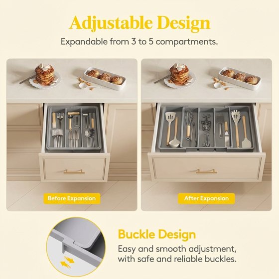 Norcho Utensil Organizer for Kitchen Drawers, Expandable Cooking Utensil Tray, Adjustable Cutlery and Silverware Holder, 13–22 x 15", Gray