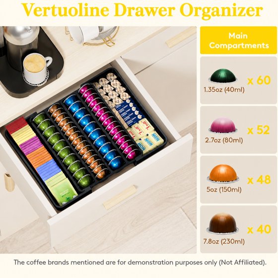Norcho Coffee Pod Holder Drawer Organizer, Expandable Coffee Pod Storage Drawer for K-Cup, Nespresso OriginalLine & VertuoLine Capsules, Tea Bag and Bar Organizer Insert
