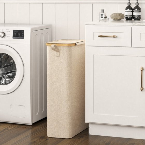 Norcho 65L Slim Laundry Hamper with Lid, Narrow Collapsible Laundry Basket with Removable Bag and Bamboo Handles, Beige