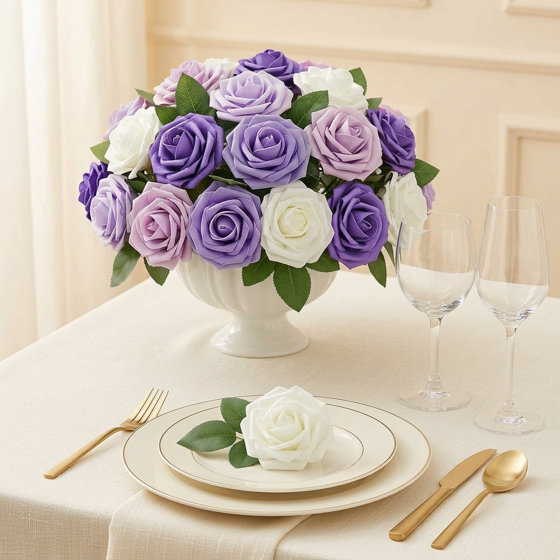 Norcho 25 Pcs Ivory Foam Roses Artificial Flowers Stems, Real Looking Fake for DIY Wedding Bouquets Centerpieces Valentine Decor