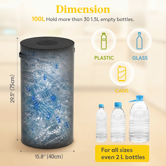 Norcho 26 Gal/100L Round Recycling Bin with Lid, Reusable Inner Bag for Can Bottle Paper Plastic Glass Stickers, Gray