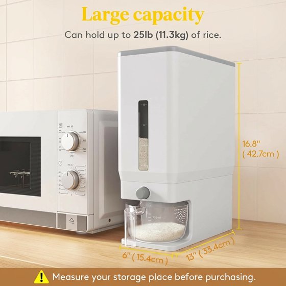 Norcho Rice Dispenser, 25 lb (11.3 kg) Sealed Rice Storage Container with Measuring Cup, Moisture Proof, Kitchen Pantry, White