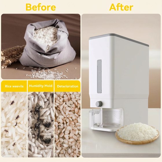 Norcho Rice Dispenser, 25 lb (11.3 kg) Sealed Rice Storage Container with Measuring Cup, Moisture Proof, Kitchen Pantry, White