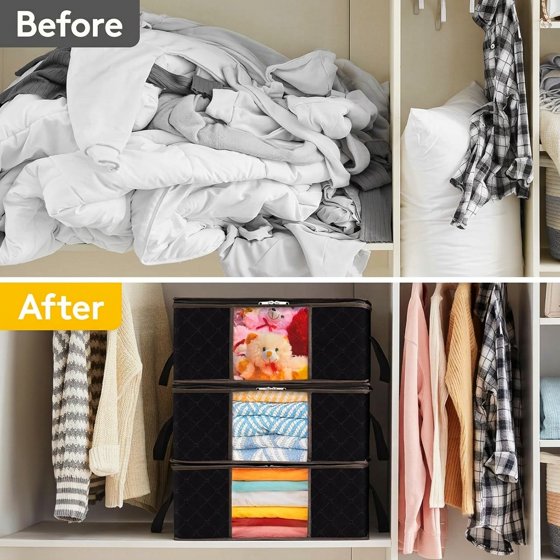Norcho 3 Pack Clothes Storage Bag Foldable Bin with Reinforced Handle, Clear Window, Sturdy Fabric for Clothing Bedding, Black