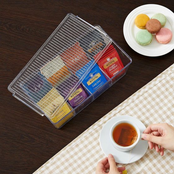 Norcho 2-Pack Tea Bag Organizer with Lid, Plastic Tea Bag Storage Box with 16 Compartments, Stackable Tea Packet Holder for Cabinet, Pantry, Countertop, Sugar Packets & Sweetener Sachets, Clear