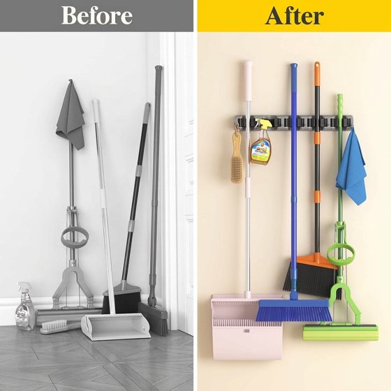 Norcho Wall Mount Mop Broom Holder, Anti-Slip Hanger 5 Slots 6 Hooks Holds 30lbs, Garage Closet Kitchen, Gray 2 Pack
