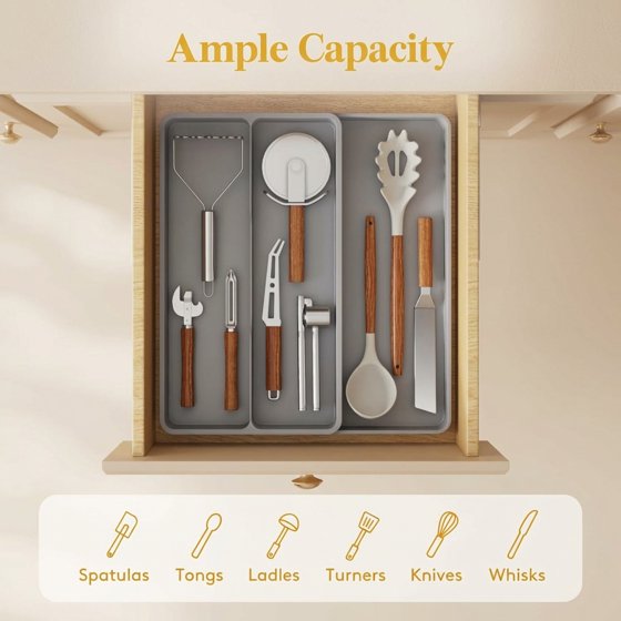 Norcho Utensil Organizer for Kitchen Drawer, Expandable Cooking Silverware Tray, Adjustable Plastic Cutlery and Flatware Holder, Spatula and Tool Storage Divider, 14.4 × 15.8 Inches, Gray