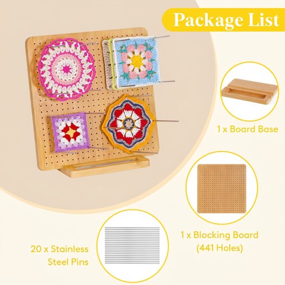 Norcho 11.8" Bamboo Crochet Blocking Board with 20 Pegs, Granny Square Mats for Knitting and Crocheting Projects