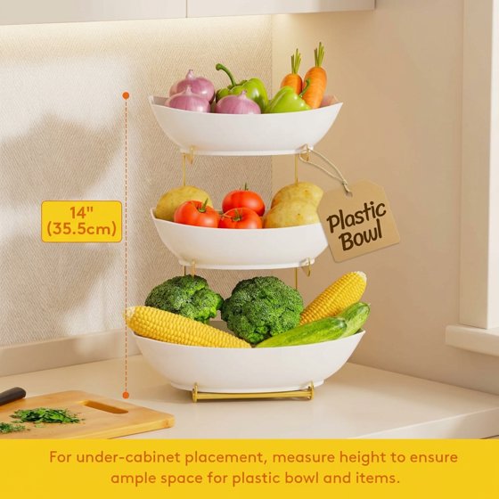 Norcho Plastic Fruit Bowl Basket for Kitchen Countertop, 3-Tier Fruit Holder with Glod Metal Stand, Serving Tray for Fruits, Vegetables, Cakes, and Desserts for Parties