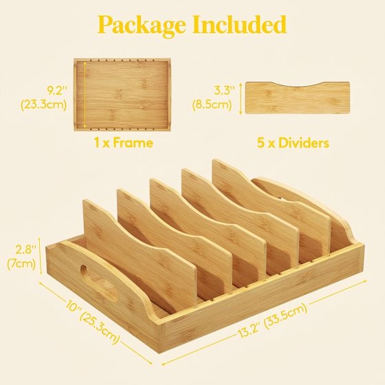 Norcho Bamboo Lid Organizer for Cabinet, Adjustable Food Storage Container Lid Holder with 5 Inserts and 6 Compartments, 13.2" x 10" for Kitchen Pantry Organization