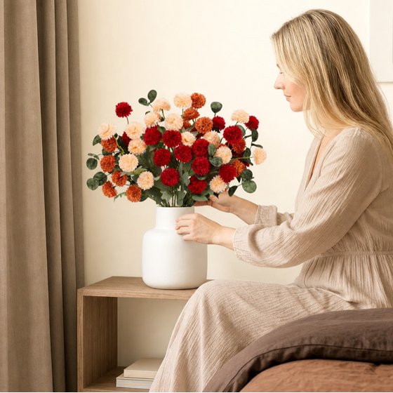 Norcho Mixed Orange Artificial Flower for Vase, 10 Pcs Faux Silk Mum Balls + 2 Eucalyptus Stems, Fake Small Kiku for Floral Arrangement, Pom Pom Centerpiece