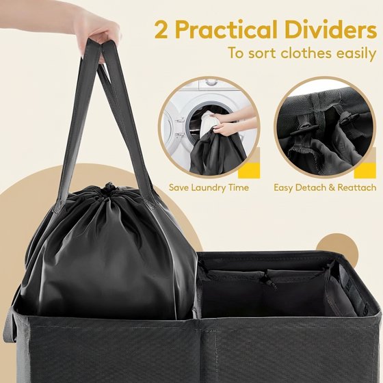 Norcho Double Laundry Hamper with Lid, Divided Laundry Basket with Removable Bags and Handles, Large Separated Clothes Basket, Black