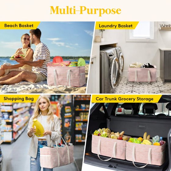 Norcho Extra Large Tote Bag, Reusable Foldable Shopping Bag with Metal Frame and Handles, 46L for Storage, Picnics, Beach, Laundry, Car, Pink