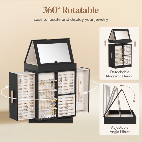 360° Rotating Jewelry Box with Mirror, Top Magnetic Storage Box Jewelry Organizer Case for Rings, Necklaces, Earrings, Bracelets, Mother’s Day Gift Idea, Black