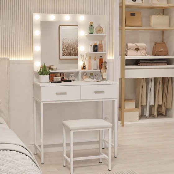 Norcho Vanity Desk Set with Mirror and Lights, Makeup Dressing Table with 2 Drawers & Chair, 3 Lighting Modes Adjustable Brightness, Wooden Top & Iron Frame for Bedroom, White