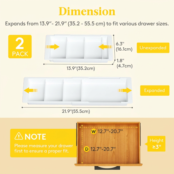 Norcho Sliding Makeup Drawer Organizer, Fits 13-20" Deep, Extendable Hanging Divider 1.8" High Tray Vanity Office Kitchen White 2Pcs